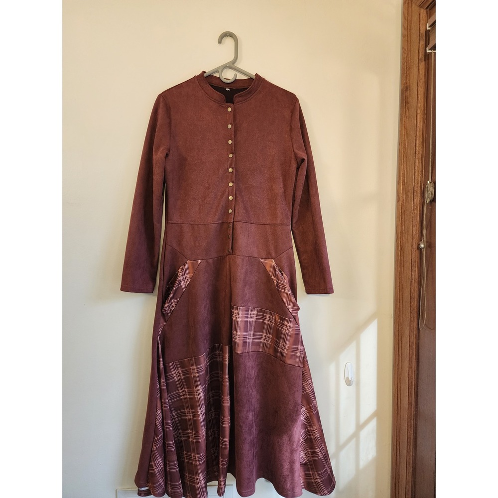 Cottagecore Prairie Midi Dress Faux Suede Button Up Long Sleeve Plaid Patchwork